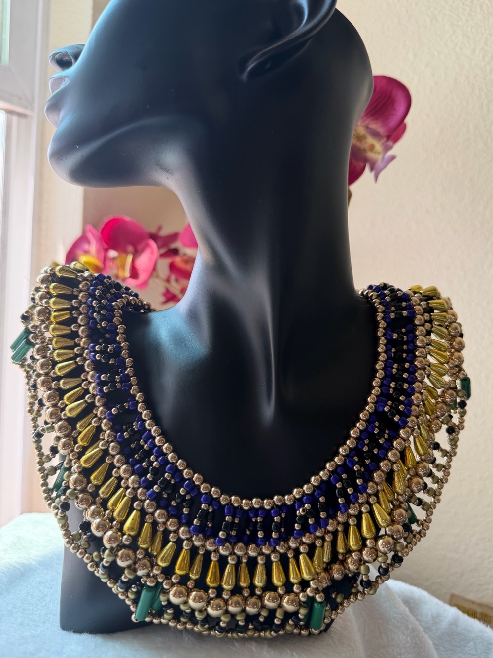 Egiptian style Gold & Navy Beaded Collar Necklace with Green Accents